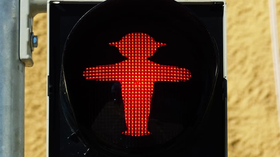 red traffic light, traffic lights, footbridge, little green man, traffic signal, red, males, light signal, foot gear males, road sign