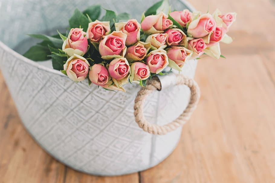 pink, roses bouquet, white, basket, roses, gray, bucket, brown, wooden, surface