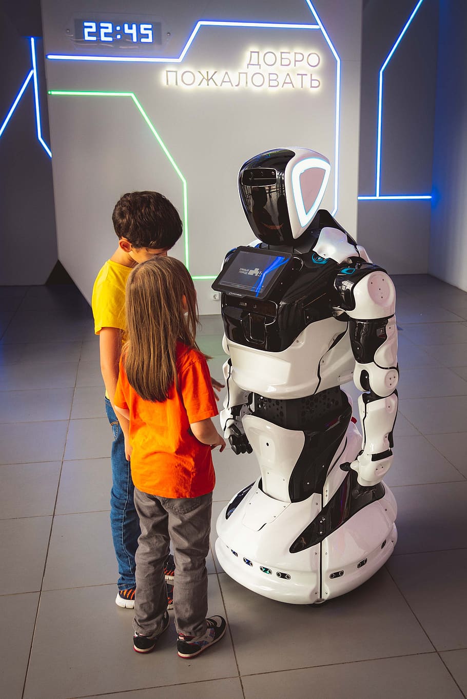 robô, crianças, rússia, interativo, robótico, tecnologia, criança, centro, juventude, menina