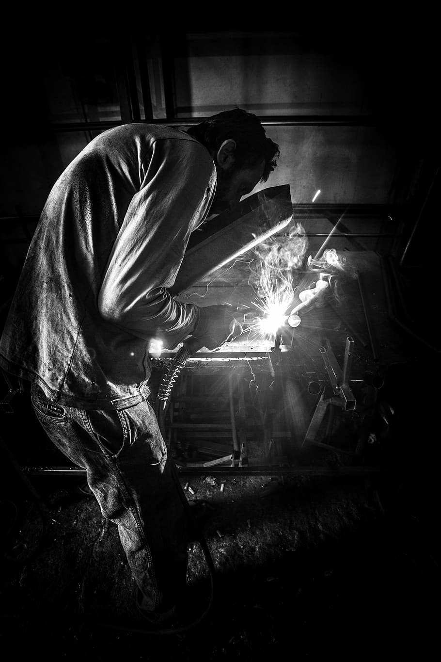 man, welding, metal, grayscale, worker, sweat, labor, master, sb, black And White