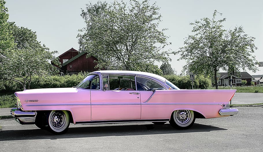 classic, pink, coupe, road, trees, daytime, car, classic car, transport, vehicle