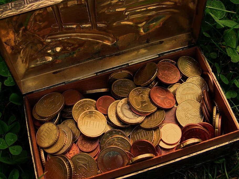 gold-colored coin collection, case, coins, collection, gold, treasure, treasure chest, euro, money, cash