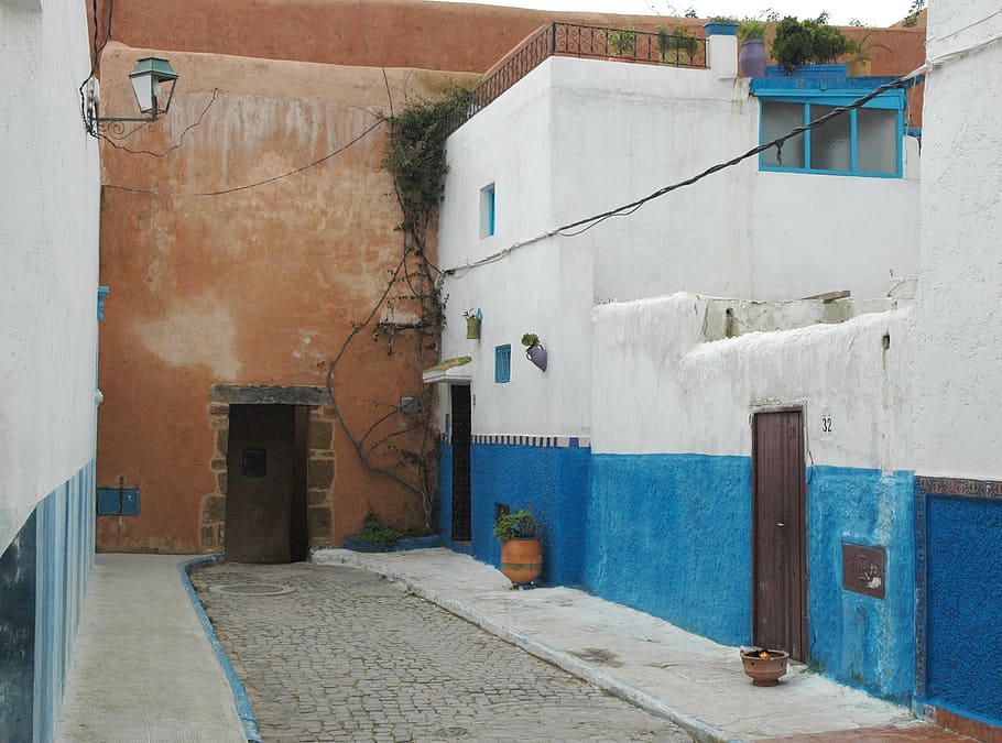 closed, brown, door, blue, building, daytime, rabat, morocco, street, architecture