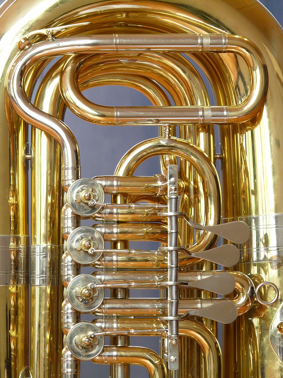 tuba, valves, rotary valves, stimmzug, brass instrument, instrument, gloss, gold, play, blow