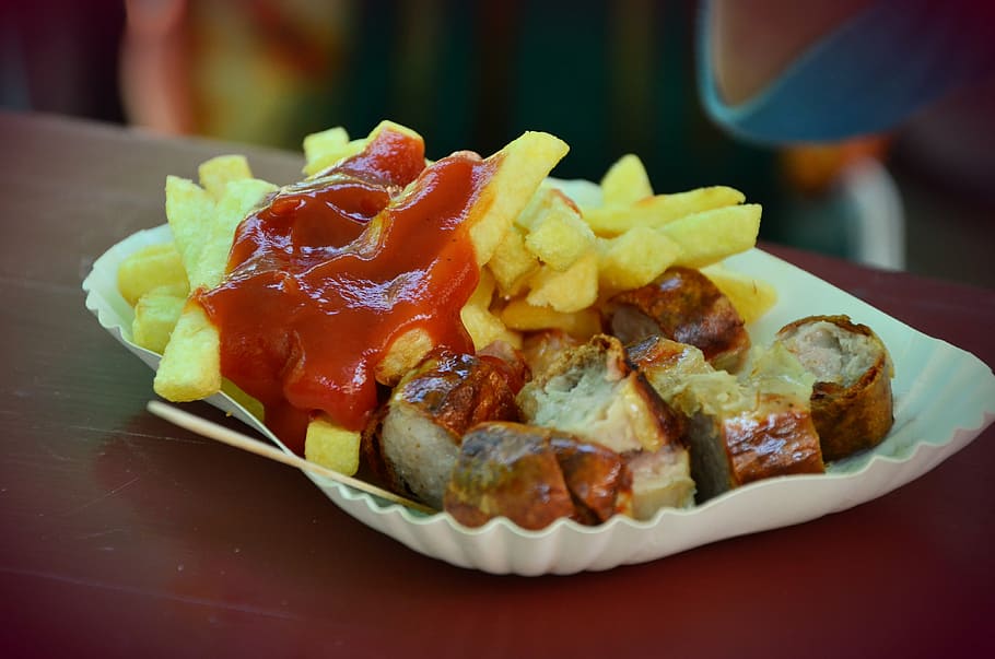roasted, meat, fries, tomato sauce, white, plate, brown, wooden, table, ketchup