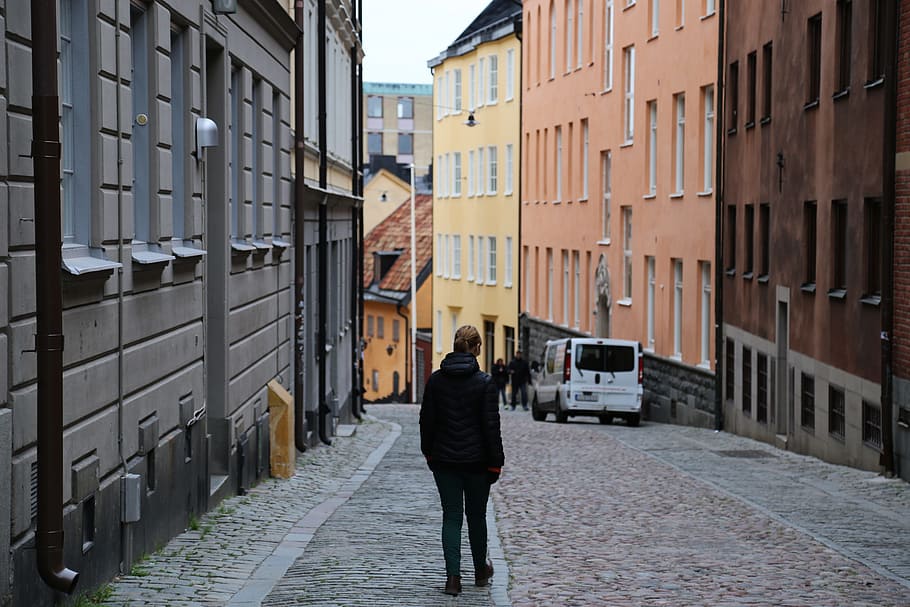 city, alone, cobblestone, street, stockholm, södermalm, apartment building, sweden, facade, the woman
