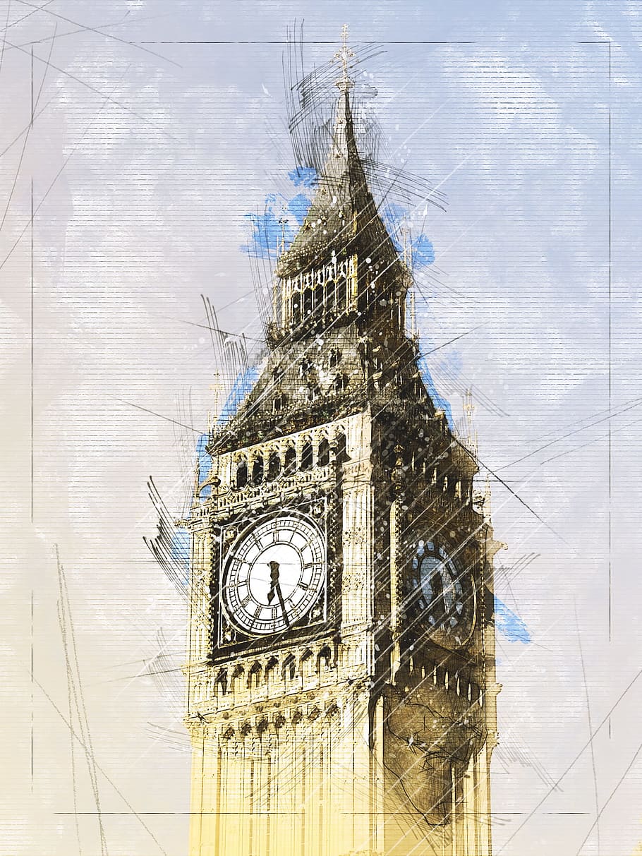big, ben painting, united kingdom, clock, clock tower, london, england, landmark, travel, tourism