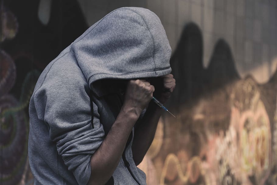 person, wearing, grey, hoodie, holding, rod, addict, the dependence of, drug addiction, addiction