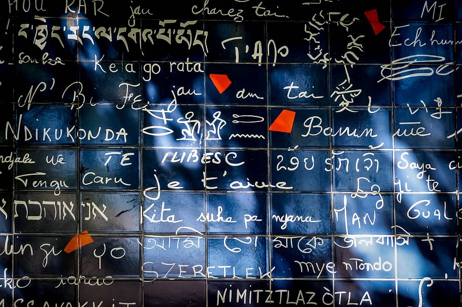 the wall of love, love, themed, wall, jehan rictus, garden square, montmartre, paris, france, blackboard