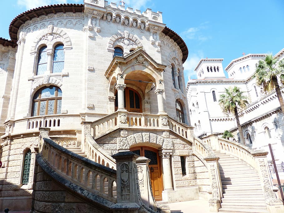 beige concrete castle, palace of justice, palace, justice, building, monaco, city, architecture, facade, staircase