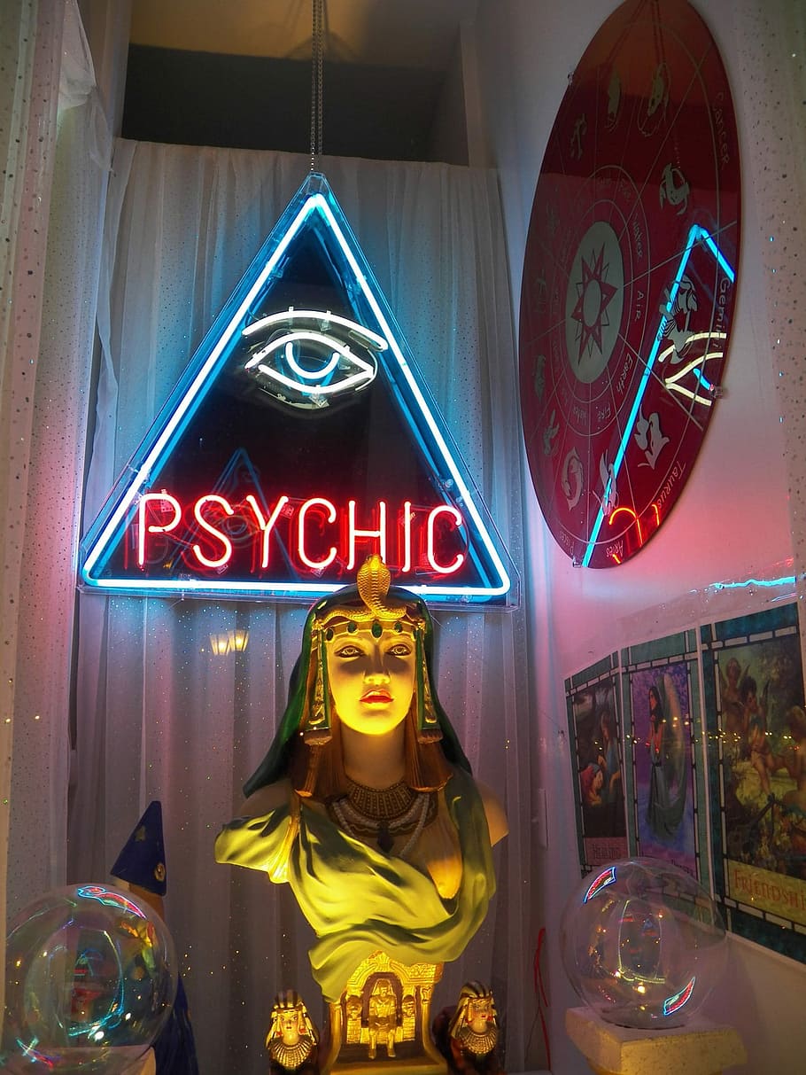 cleopatra headbust figurine, Psychic, wall, LED, sign, psychics, psychic reading, psychic readings, fake, phony