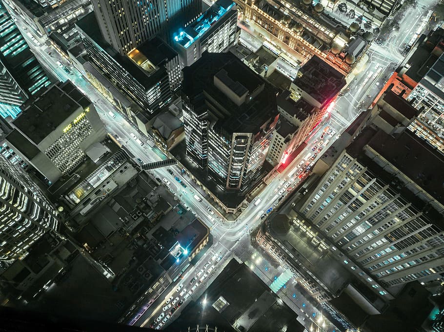 bird eye photography, cityscape, junction, crossing, city, night, lights, busy, aerial view, transport