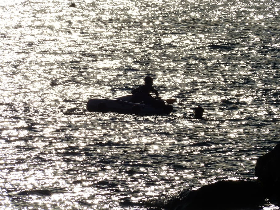 sea, water, back light, sparkle, dinghy, paddle, fun bathing, silhouette, waterfront, leisure activity