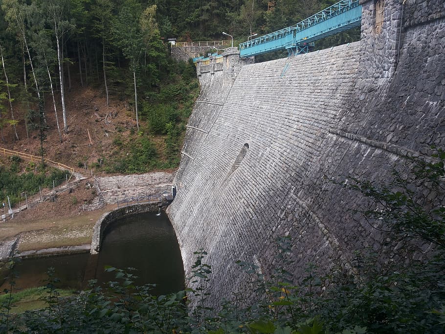 menjugate, the firewall, water, tama, sudetes, dam, building, tree, hydroelectric power, plant