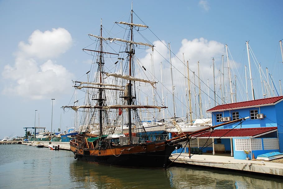 hitam, coklat, galleon, badan, air, perahu layar, kapal, bajak laut, bajak laut Karibia, layar