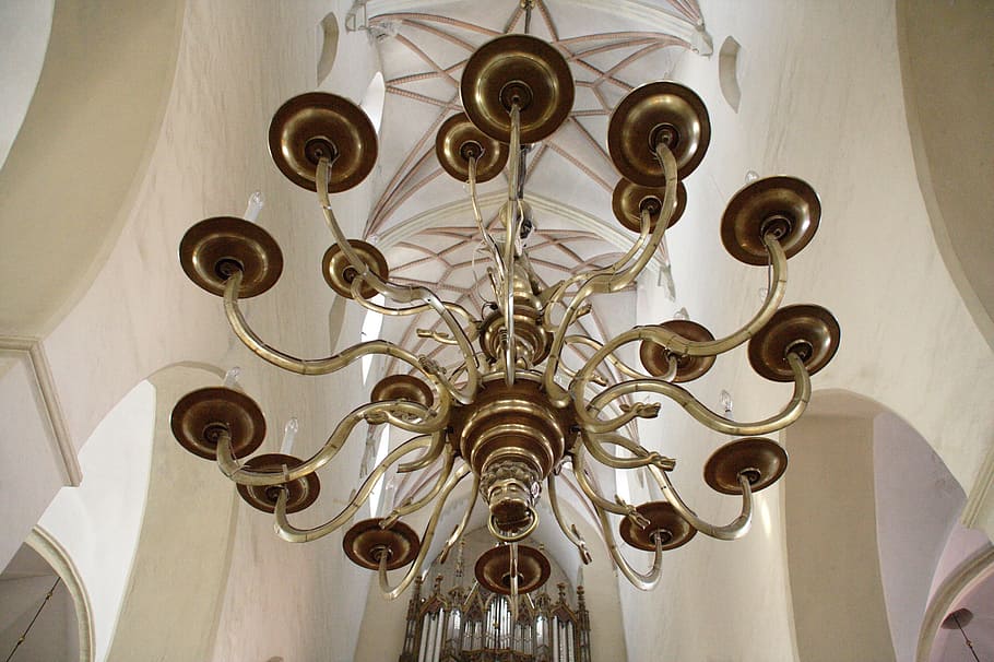 estonia, tallinn, olaf church, church, candlestick, low angle view, chandelier, indoors, lighting equipment, ceiling
