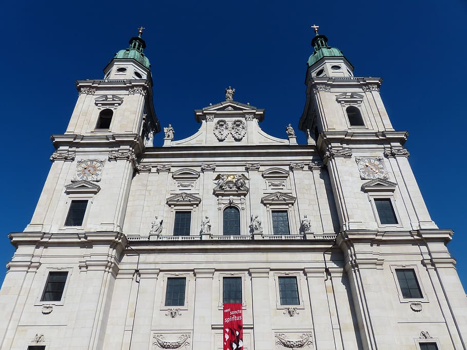 salzburg cathedral, facade, cathedral square, barockklassizirend, west factory, figural decorations, towers, gorgeous, untersberg marble, marble