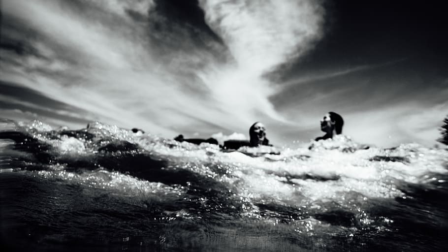sea, ocean, water, waves, nature, black and white, people, girls, swimming, clouds
