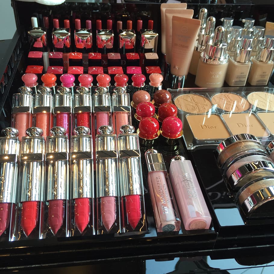 assorted, makeup kit lot, black, table, cosmetics, lipstick, shop, showcase, dior, make up