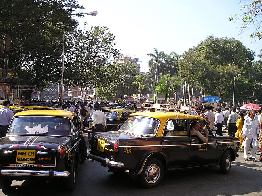 black, yellow, sedan, group, people, daytime, india, mumbai, bombay, taxi
