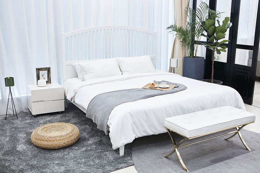white quilt set, indoor, household, bedroom, furniture, bed, plant, table, pillow, luxury