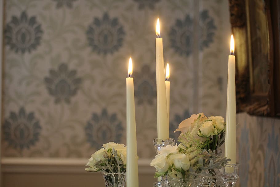 lighted, white, taper, candles, rose, flowers bouquets, wedding, fire, decor, table