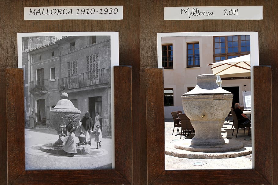water basin, water column, old, new, comparison, water, fountain, mallorca, spain, art and craft