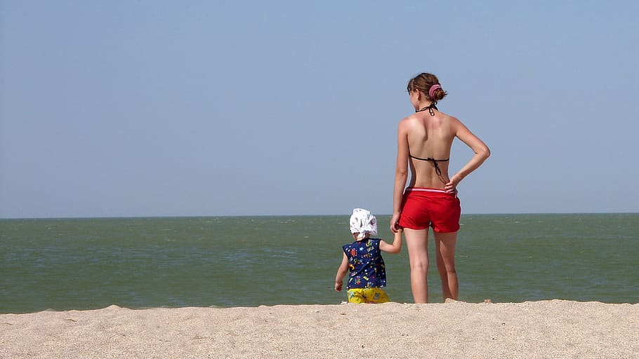 laut, pantai, musim panas, pasir, ibu, dengan tangan, bayi, kosong, wanita, keluarga