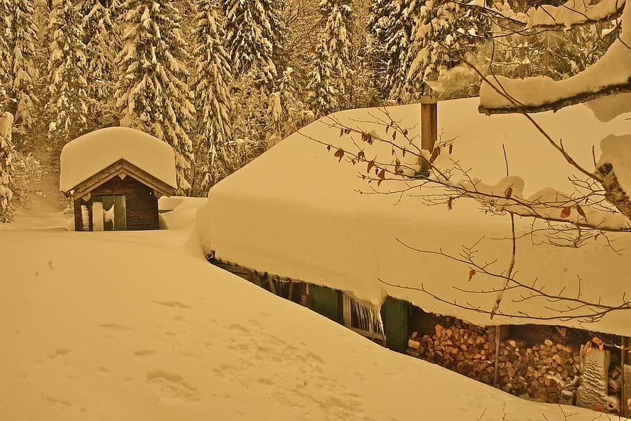 choza, nieve, paisaje, montañas, romántico, invernal, magia de invierno, estructura construida, temperatura fría, arquitectura