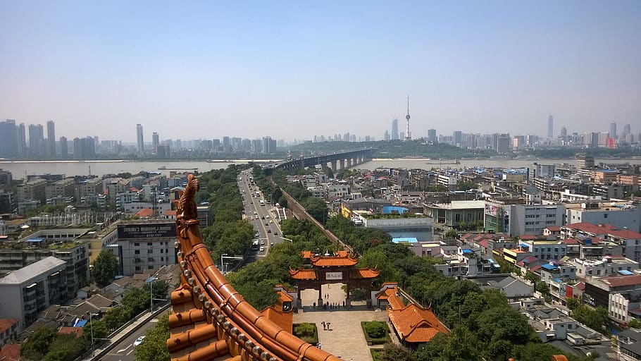the yellow crane tower, views, yangtze river bridge, architecture, built structure, building exterior, city, cityscape, building, sky