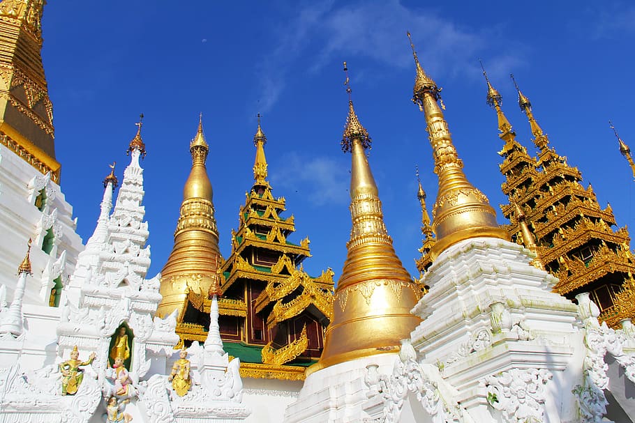 gold, white, temple, thailand, pagoda, shwedagon pagoda, religion, buddhism, buddhist, famous