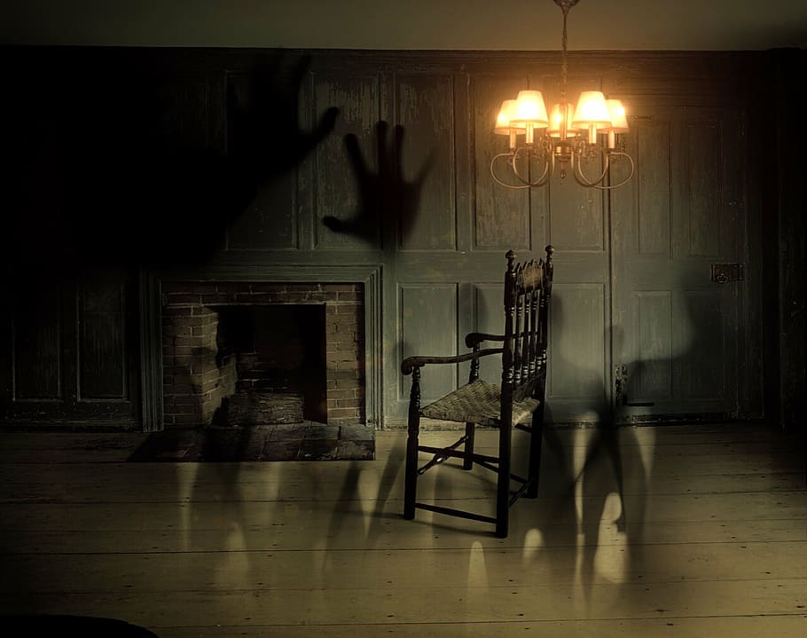 black, wooden, armchair, fireplace, low, light room, ghosts, gespenter, spooky, horror