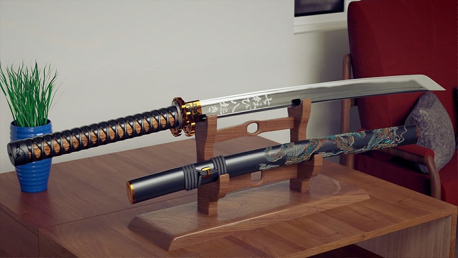 brown nodachi sword, katana, japan, samurai, asia, wood - material, indoors, table, furniture, living room