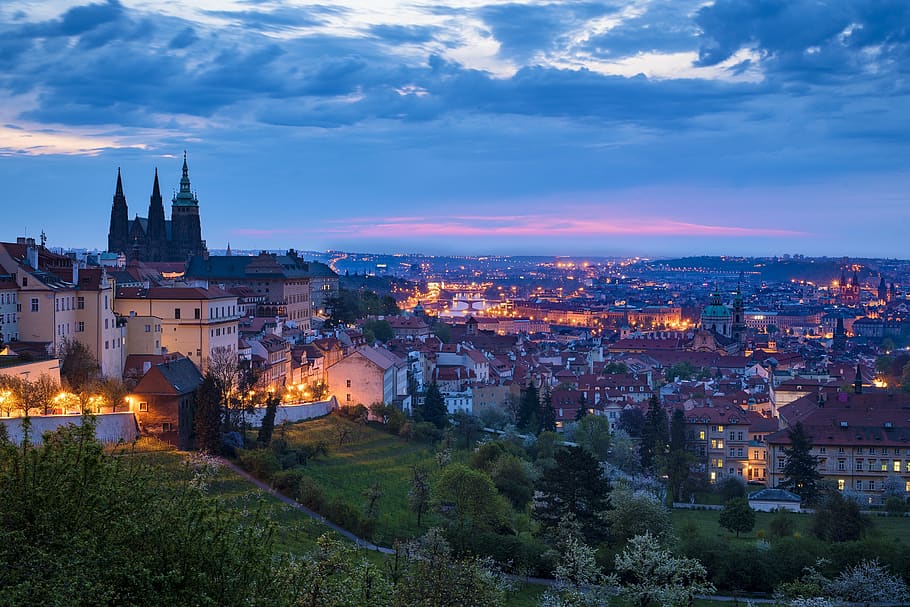 czech republic, prague, prague castle, city, night, dawn, building exterior, architecture, built structure, sky