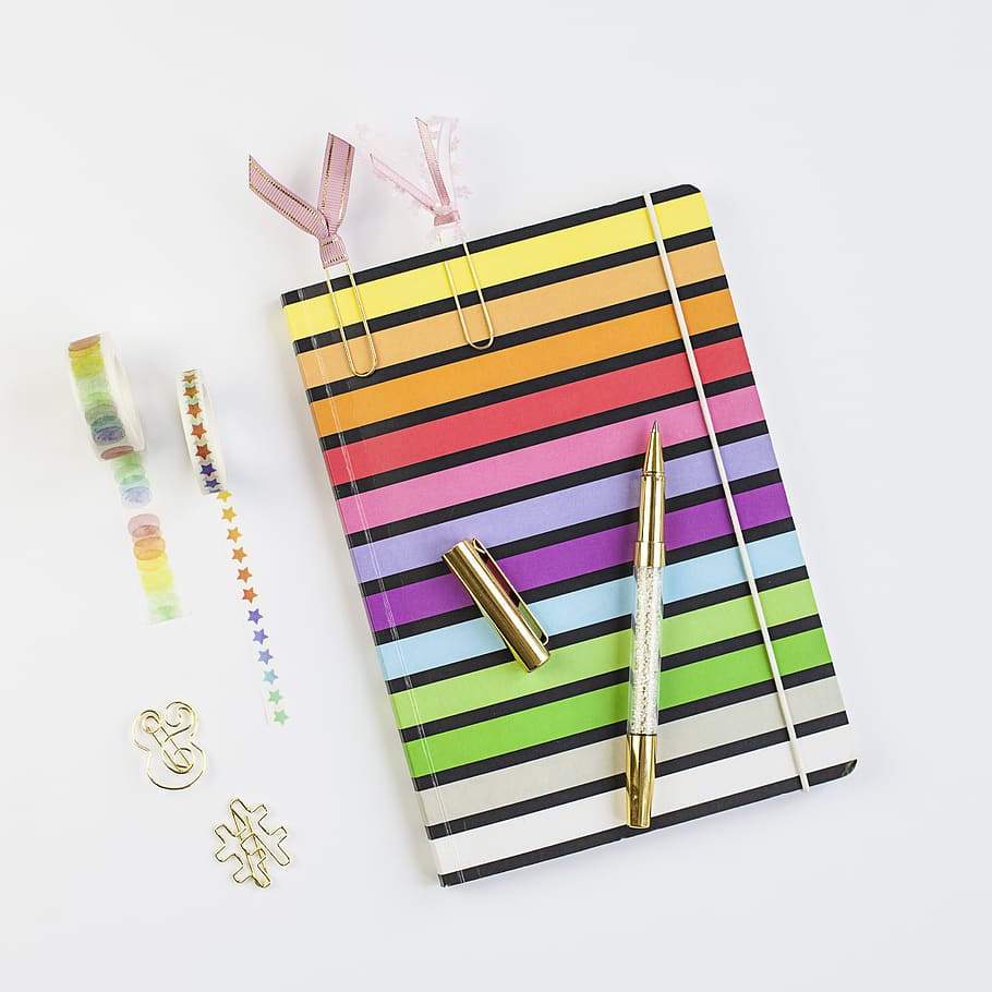 paper, notebook, flat lay, colorful, top, view, table, desk, pen, tape