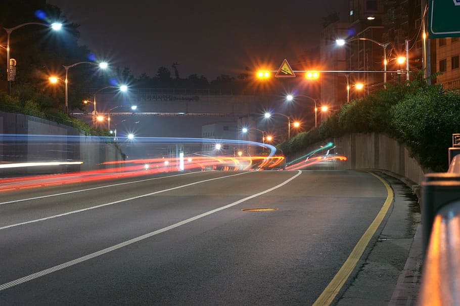 luz, carretera, coche, velocidad, difusión de la luz, difusión, curva, tráfico, calle, noche