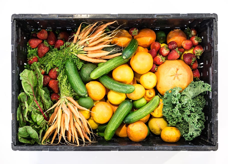 surtido, vegetales, negro, caja, fruta, verduras, saludable, alimentos, fresas, pepinos