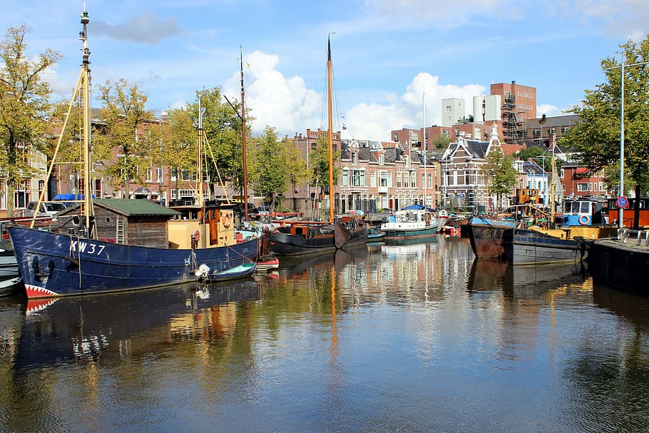 水, ボート, フローニンゲン, 運河, オランダ, 家, 都市, ミラーリング, 航海船, 反射