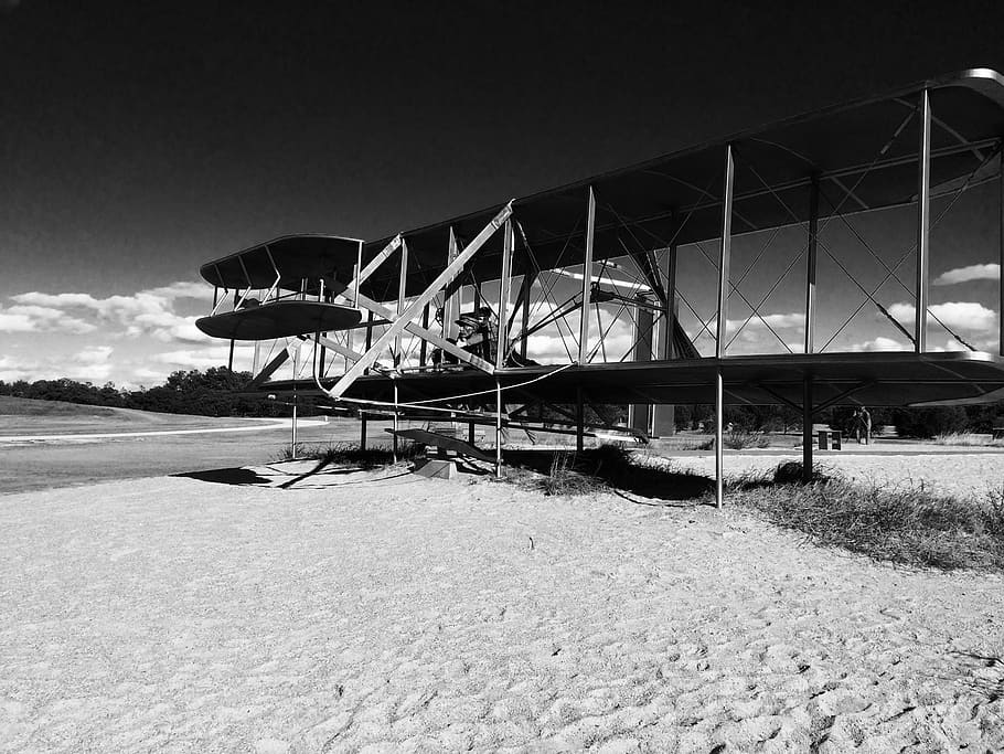 aviones, hermanos wright, histórico, monocromo, inventores, primer avión, aviación, arquitectura, blanco y negro, estructura construida