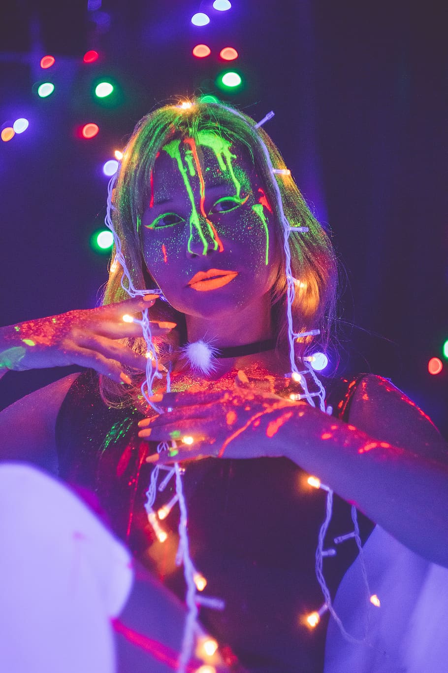 girl, model, neon, lights, glow, club, party, bright, neon lights, swag