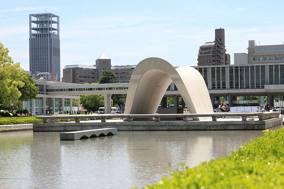 arch, top, concrete, platform, surrounded, body, water, hiroshima, memorial, japan