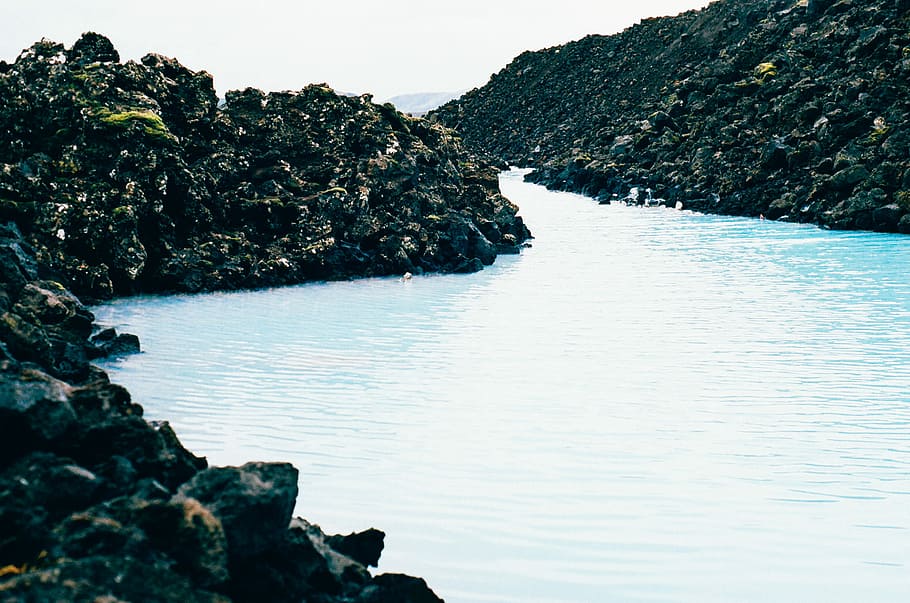 tubuh, air, foto batu, badan air, foto, hitam, biru, laguna, alam, laut