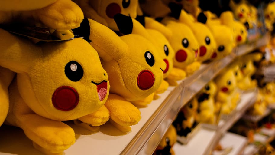 pokemon pikachu, plush, toys, shelf, pikachu, pokemon, store, pokemon store, japan, merchandising