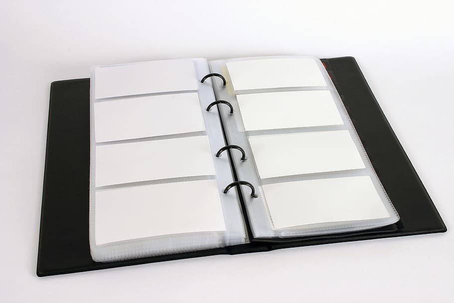 white, black, plastic organizer book, business card holder, business cards, folder, phone, addresses, isolated, white background