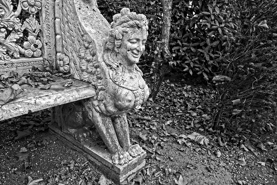 bench, stone bench, scroll, ornament, seat, support, sphinx, sculpture, representation, art and craft