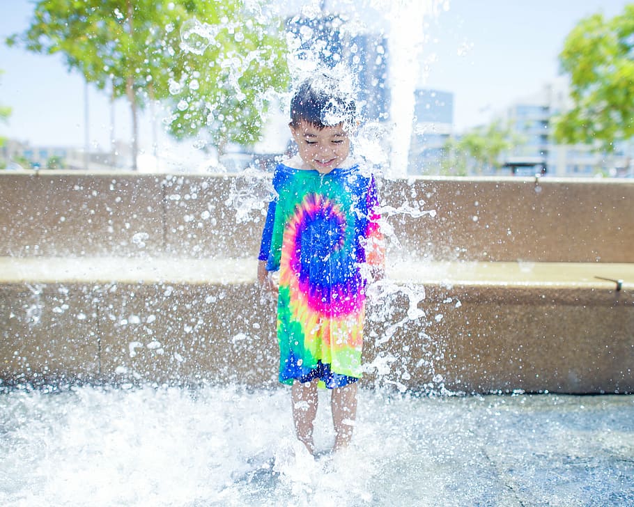 boy, playing, water, fountain, people, kid, swimming, child, smile, happy