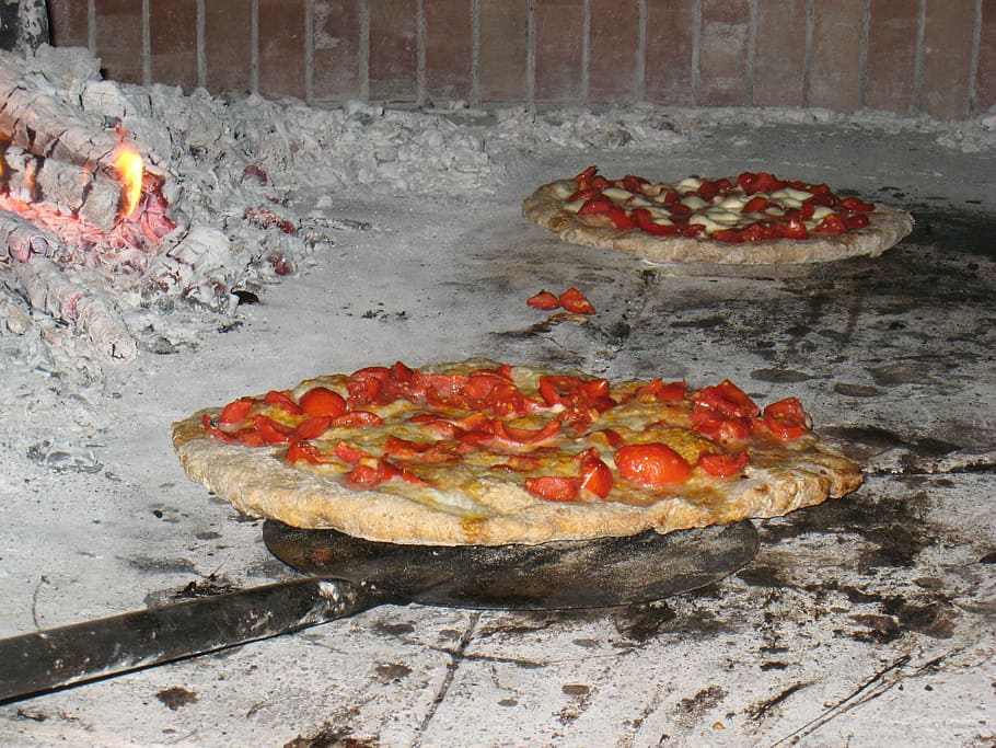 pizzas inside oven, pizza, wood, burning, oven, bake, stone, heat, hearth, fireplace