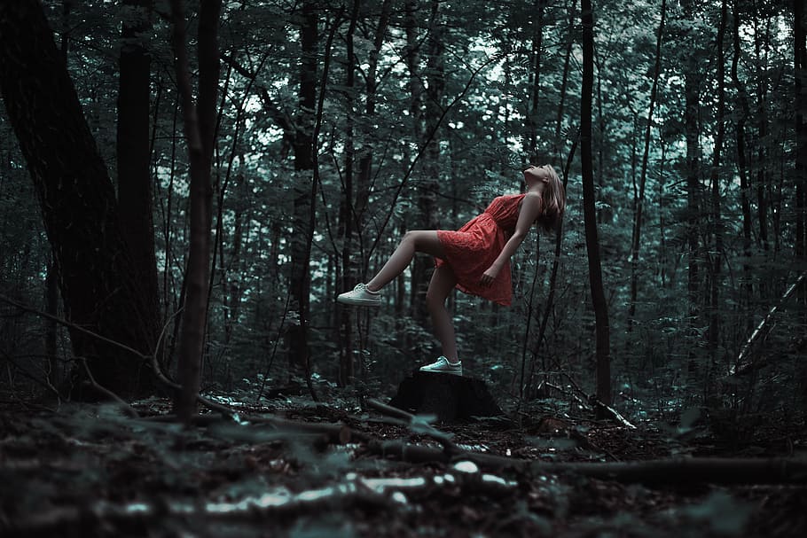 woman, wearing, red, dress, forest, levitation, girl, red dress, magic, outdoors