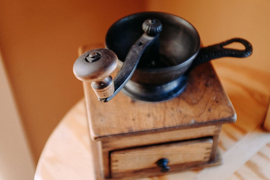Coffee grinder, objects, old-fashioned, antique, old, wood - Material, retro Styled, objects/Equipment, indoors, close-up