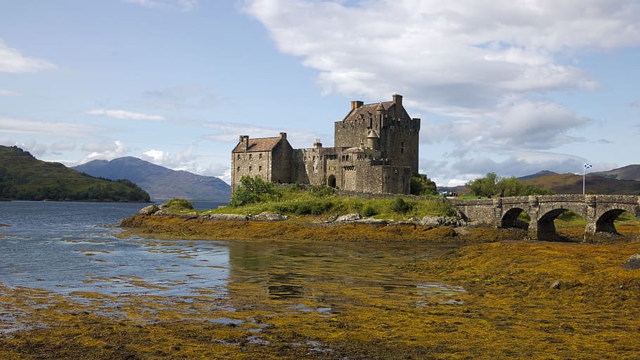 gray, castle, body, water, eilean, scotland, donan, landmark, historic, built structure